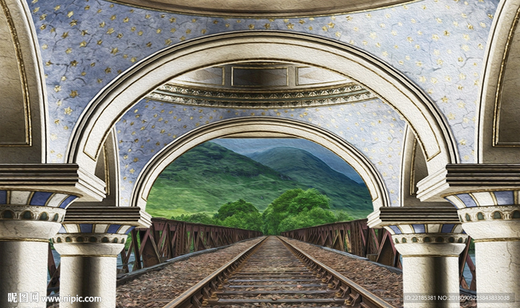 欧美拱形户外油画风景背景墙