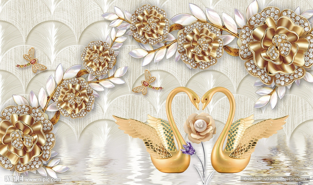 3d奢华镶钻珠宝天鹅背景墙
