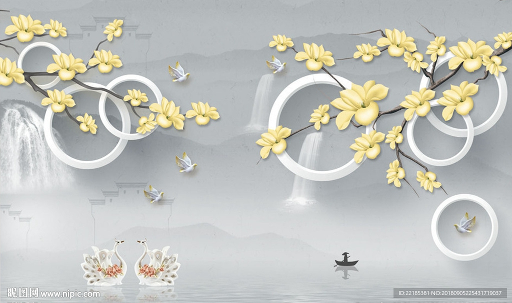 山水玉兰花枝背景墙