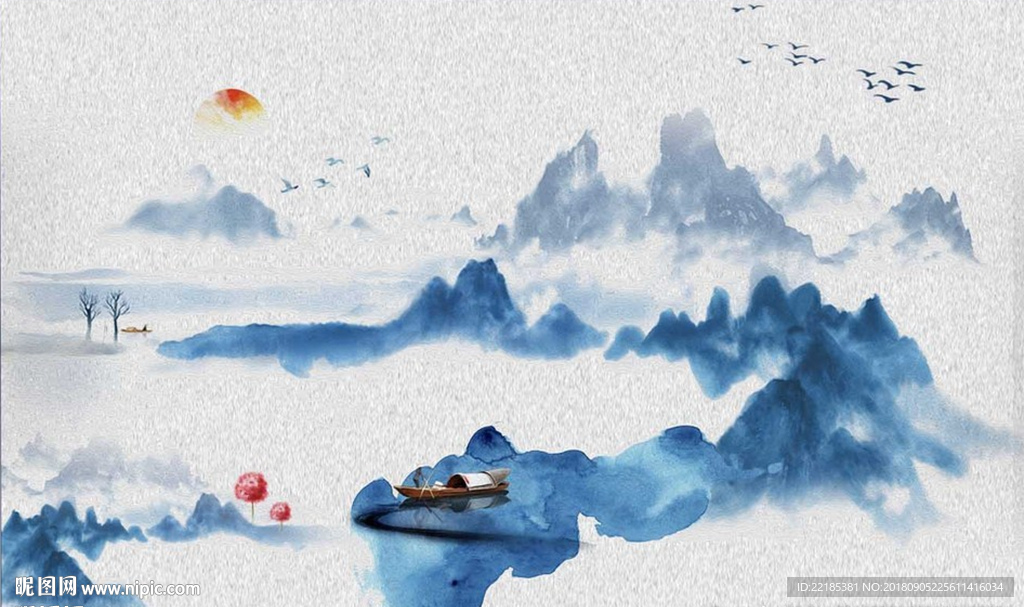 水墨山水飞鸟背景墙