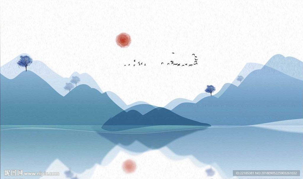 中式蓝色山水飞鸟倒影背景墙