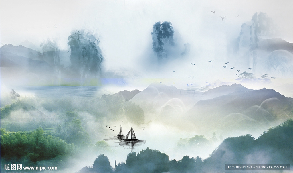 新中式云里雾里山水风景背景墙