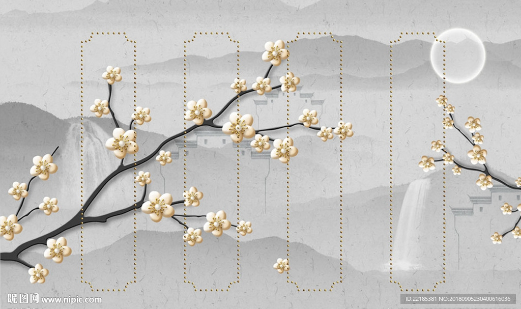 新中式意境珠宝梅花背景墙