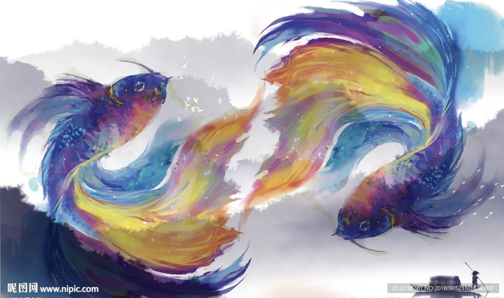 新中式五彩金鱼背景墙