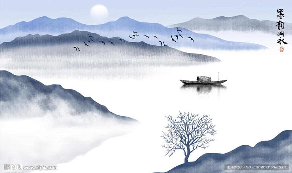墨韵水墨山水画背景墙