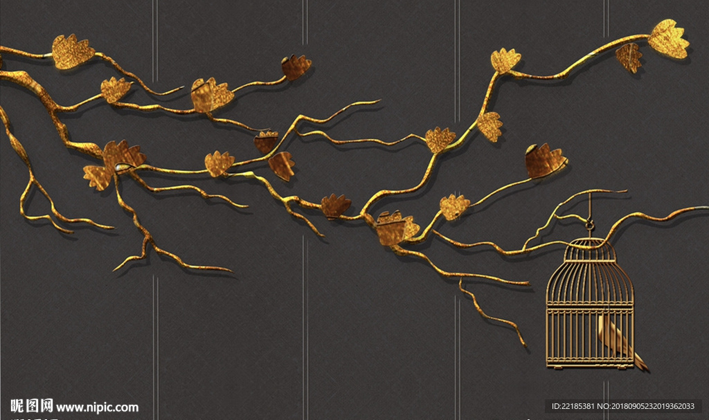 立体金属花朵树枝鸟笼背景墙