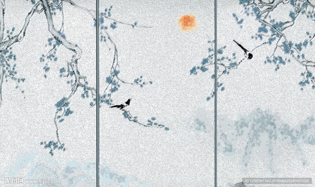 唯美蓝色落日山水背景墙