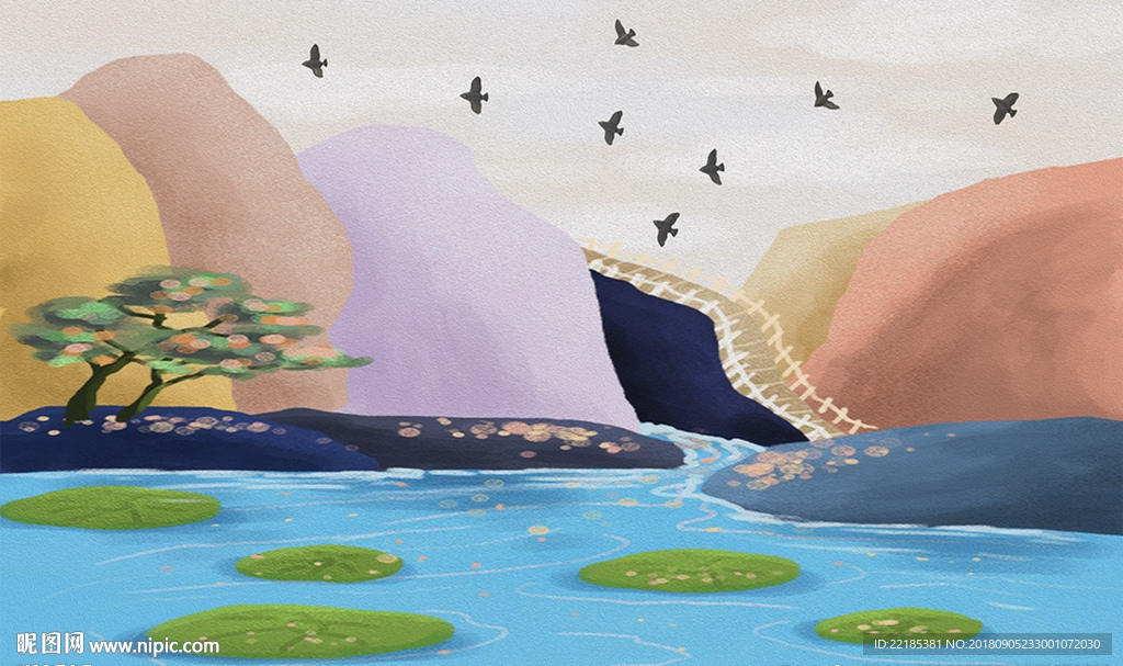 清新河流小鸟风景背景墙