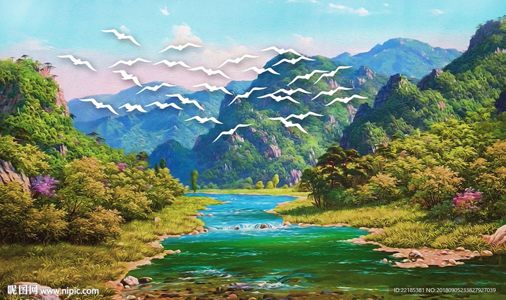 现代唯美山水风景油画背景墙