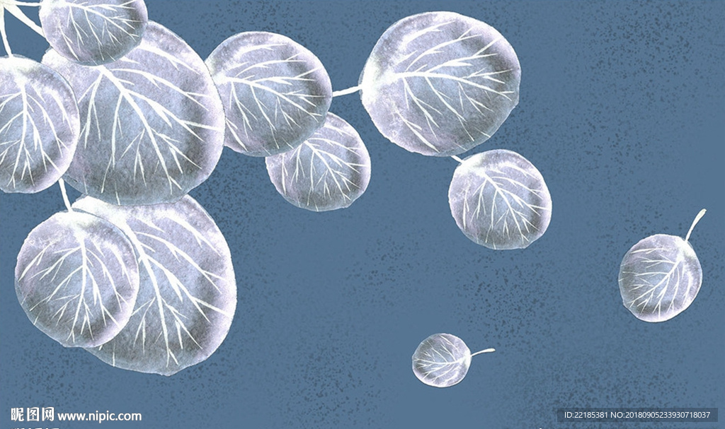 现代唯美清爽蓝色水彩植物背景墙