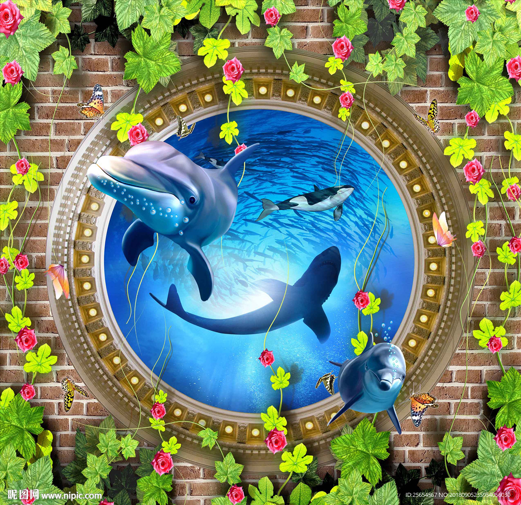 海底世界大鲨鱼天顶吊顶壁画