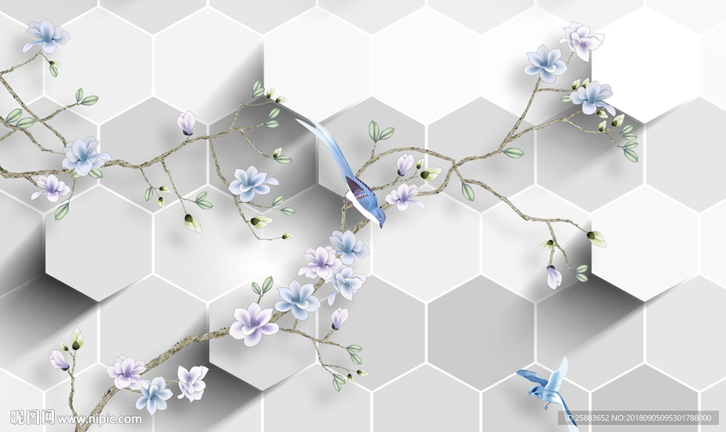 淡雅时尚花藤花鸟3D电视背景墙