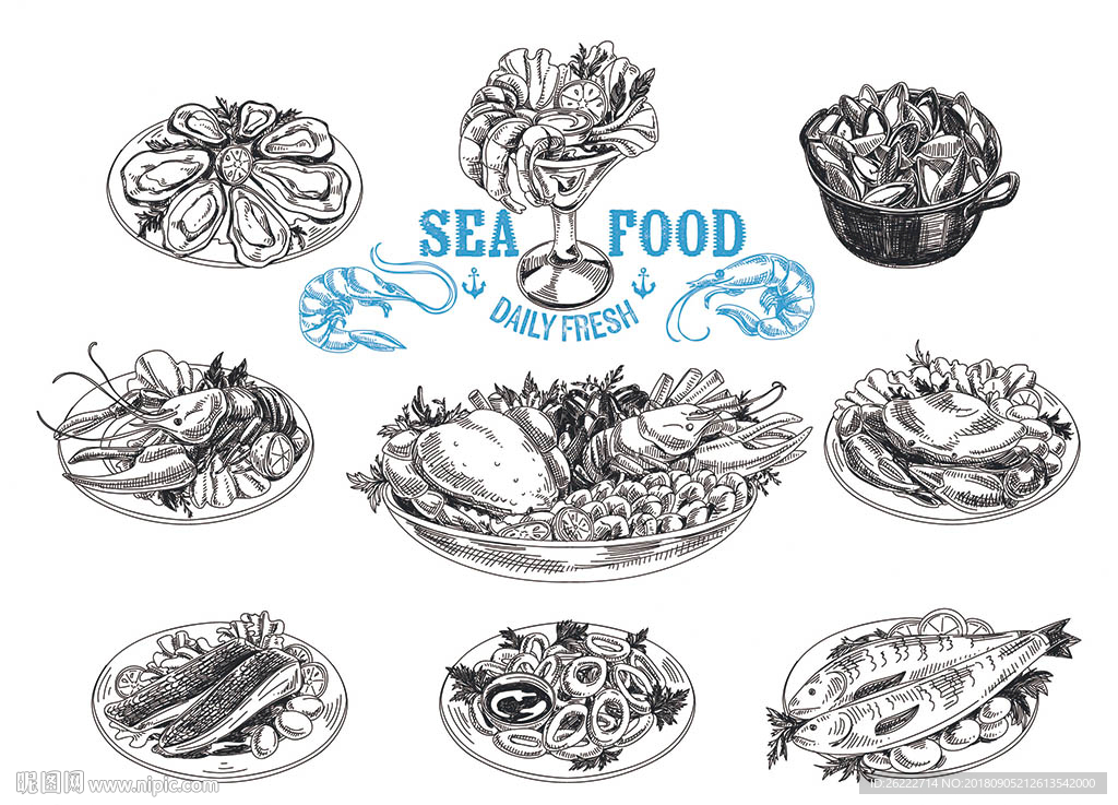 手绘海鲜菜品矢量插画素材