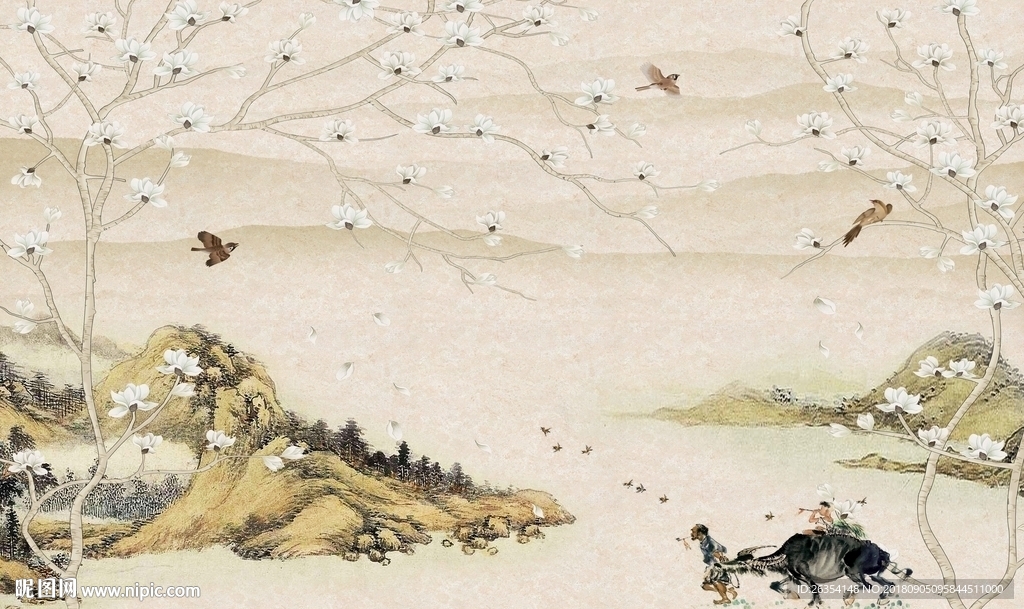 国画花鸟背景墙