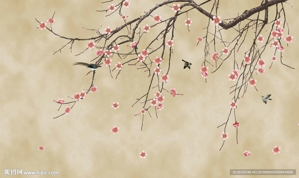 国画花鸟背景墙