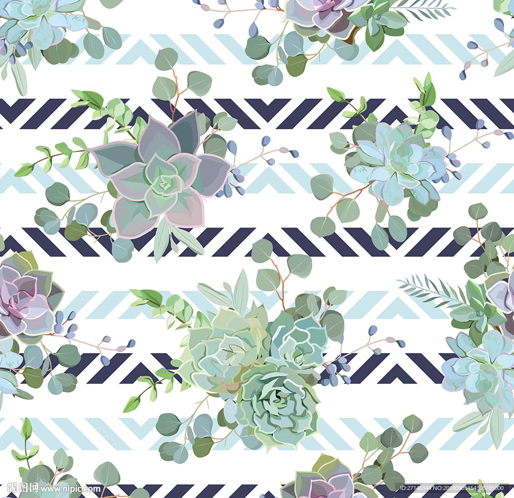 多肉植物矢量无缝图案