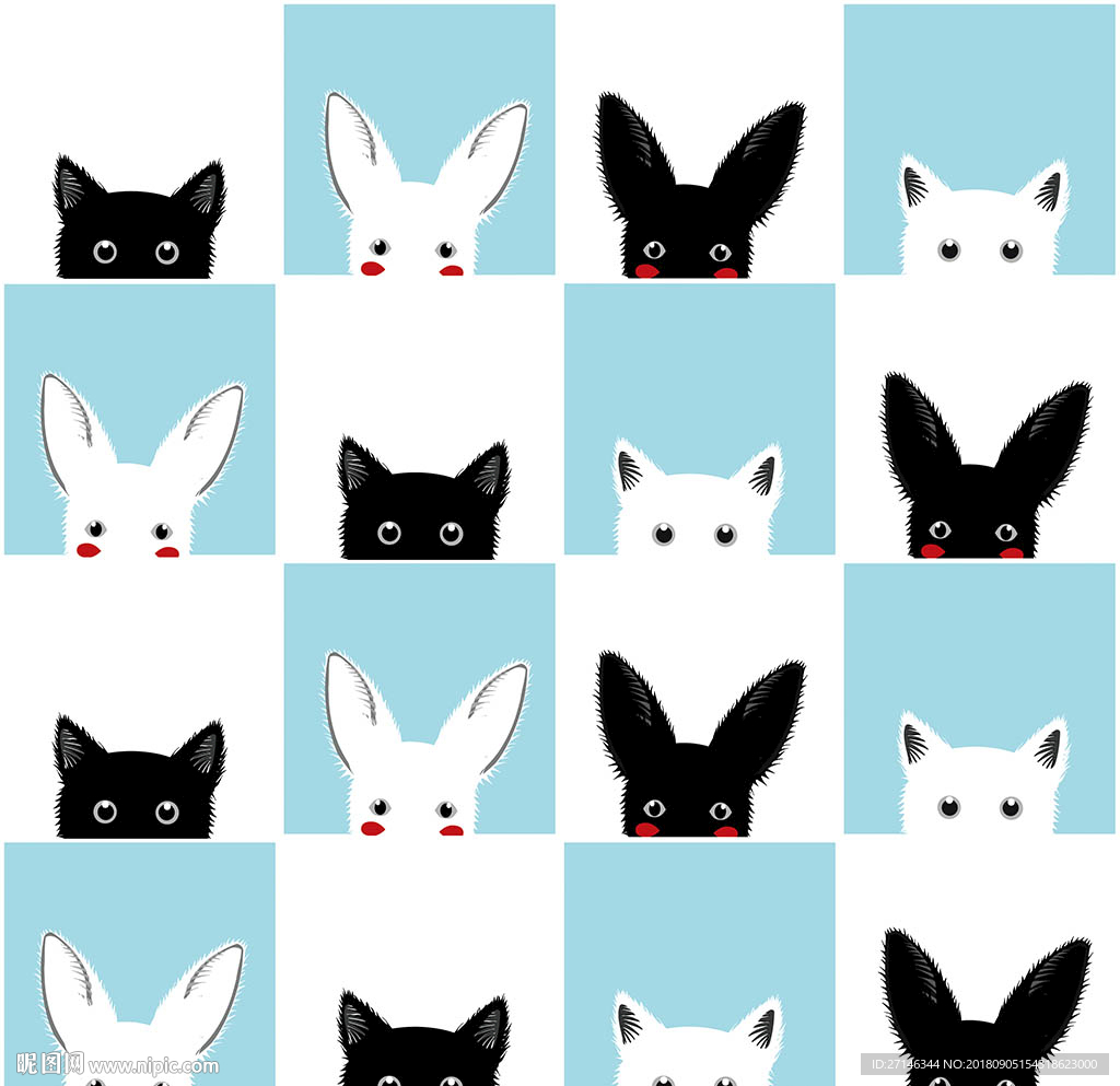 黑白小猫卡通矢量无缝图案