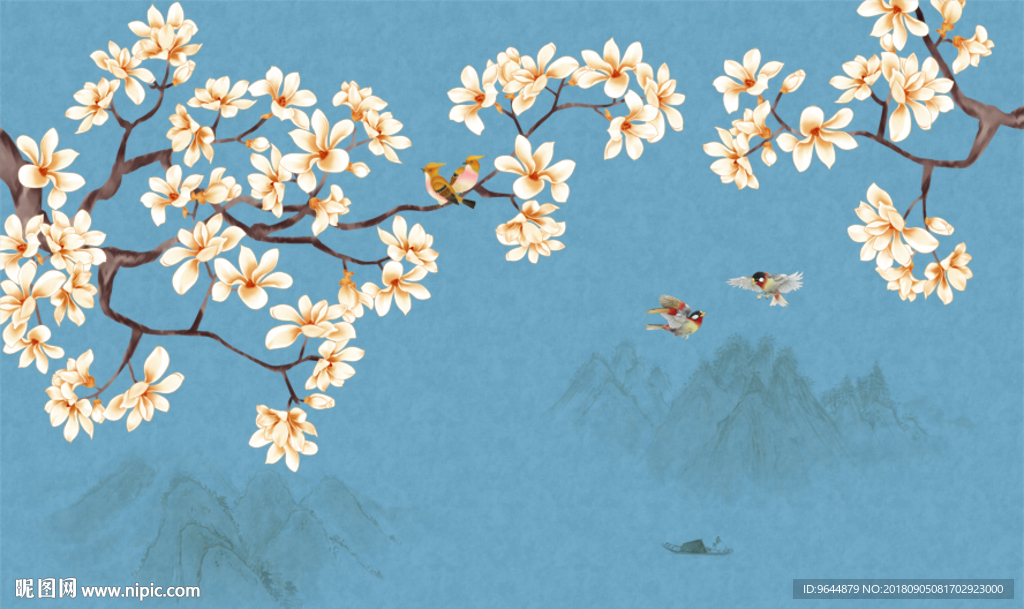 新中式手绘玉兰工笔花鸟背景墙