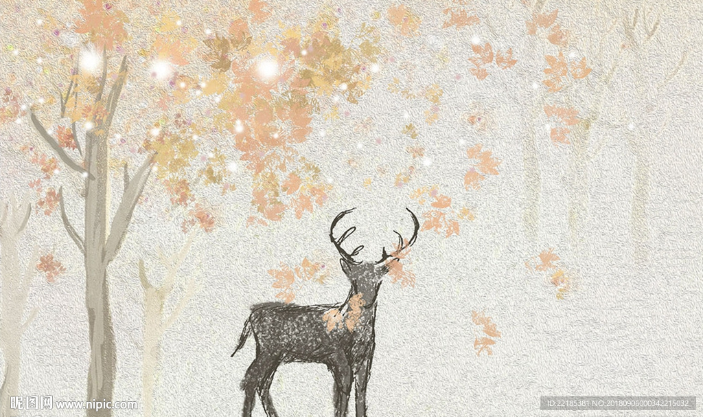 简约大气麋鹿落叶背景墙