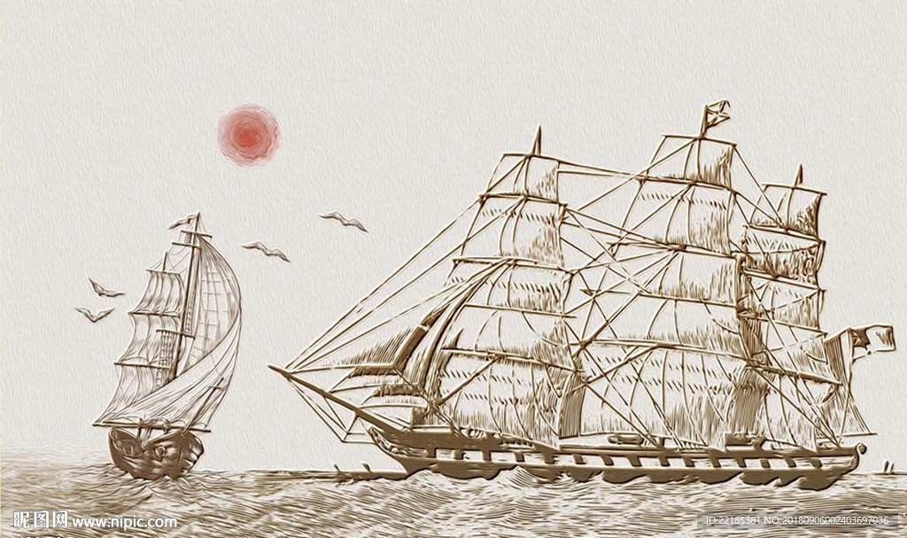 现代简约手绘大海帆船海鸥背景墙