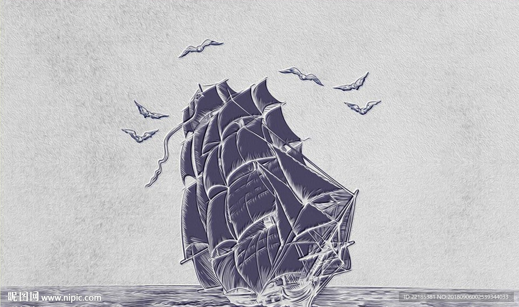 现代简约手绘大海帆船海鸥背景墙