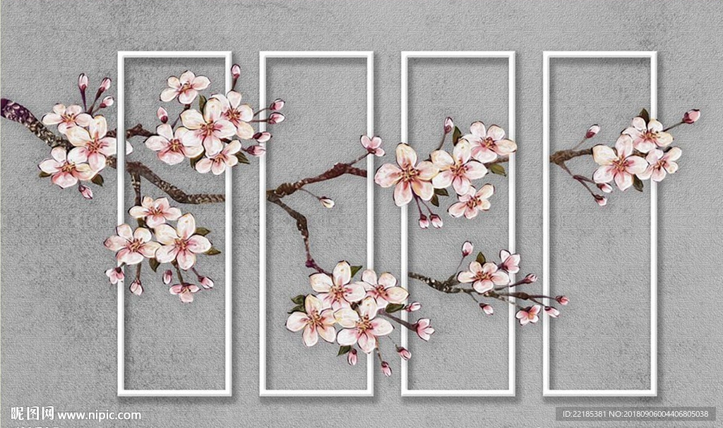 现代创意手绘桃花背景墙