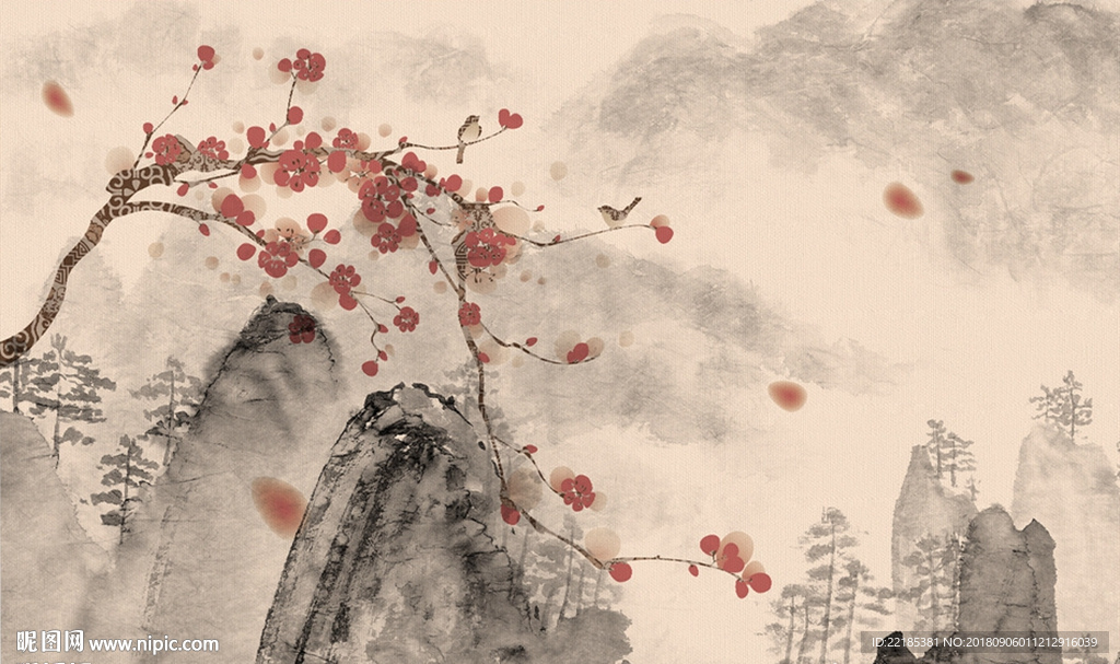 山水梅花水墨意境图案背景墙