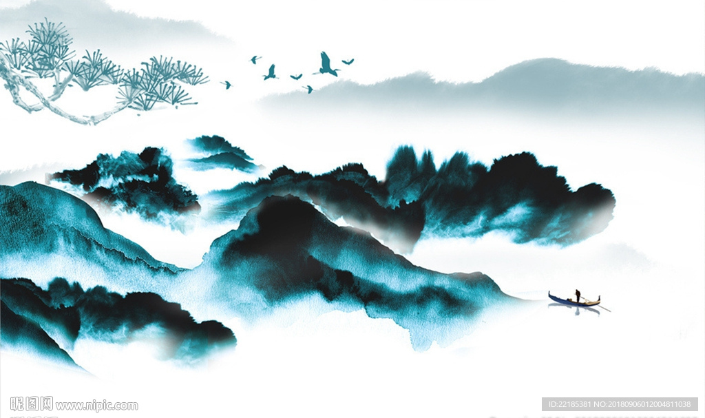 简约新中式水墨山水背景墙