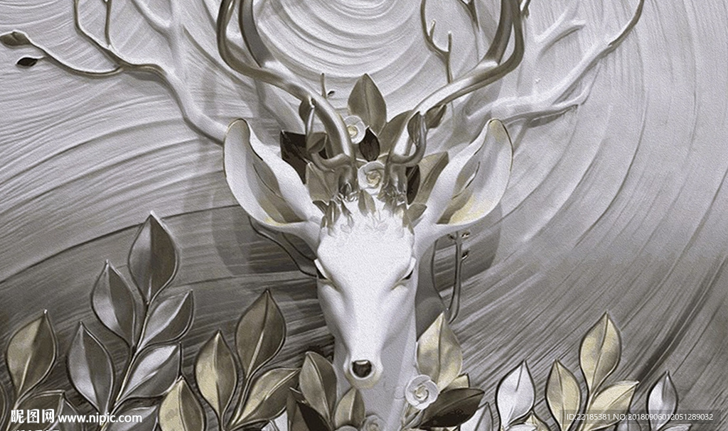 立体浮雕发财树麋鹿背景墙