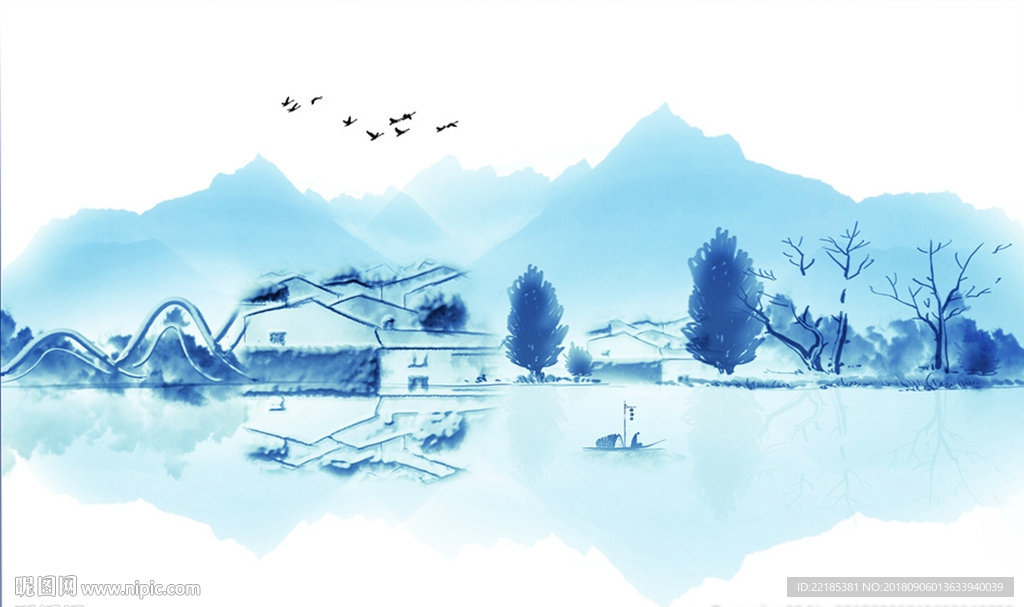 中式创意蓝色水墨山背景墙