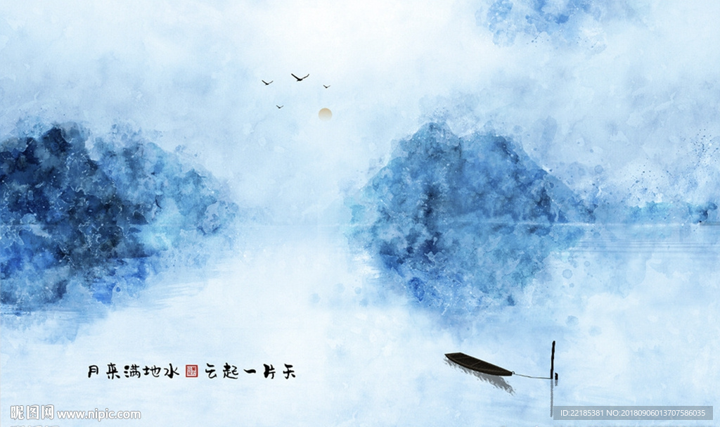 中式淡雅水墨宁静山水背景墙