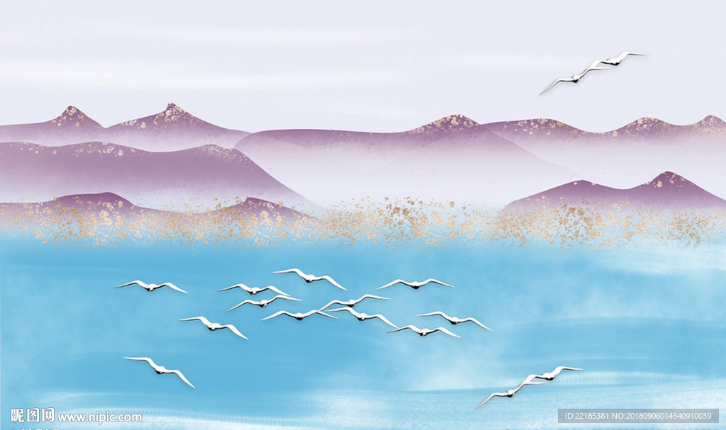 新中式手绘山水金箔背景墙