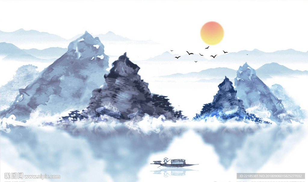中式蓝色水墨高山飞鸟背景墙
