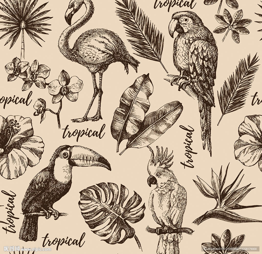 手绘复古热带花鸟矢量无缝图案