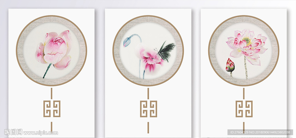 刺绣荷花三联装饰画