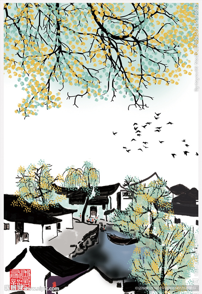 淡彩水墨江南风景创意装饰画