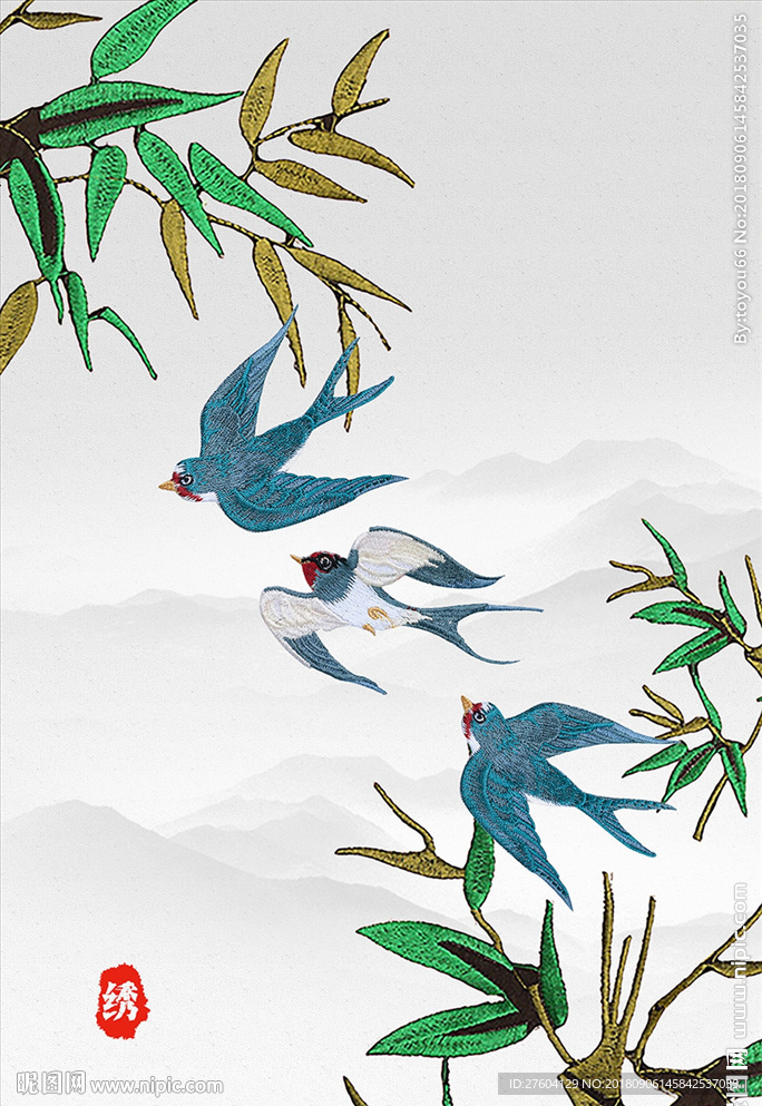 中国风刺绣花鸟装饰画