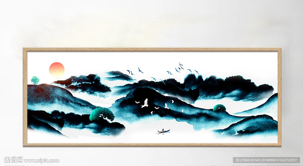 水墨山水飞鸟意境装饰画