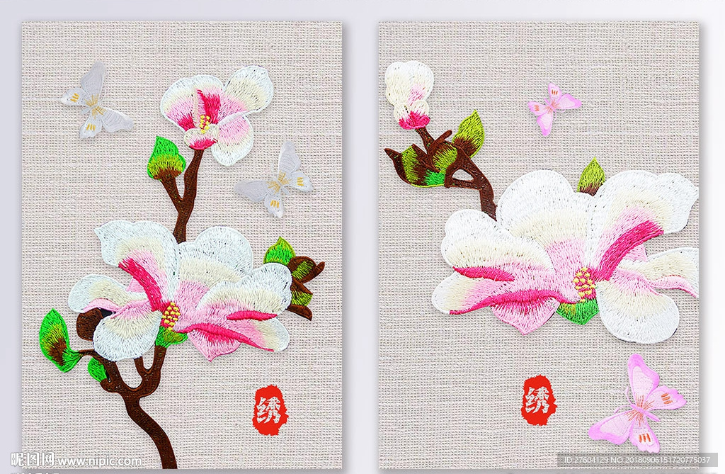 中式刺绣玉兰花蝴蝶二联装饰画
