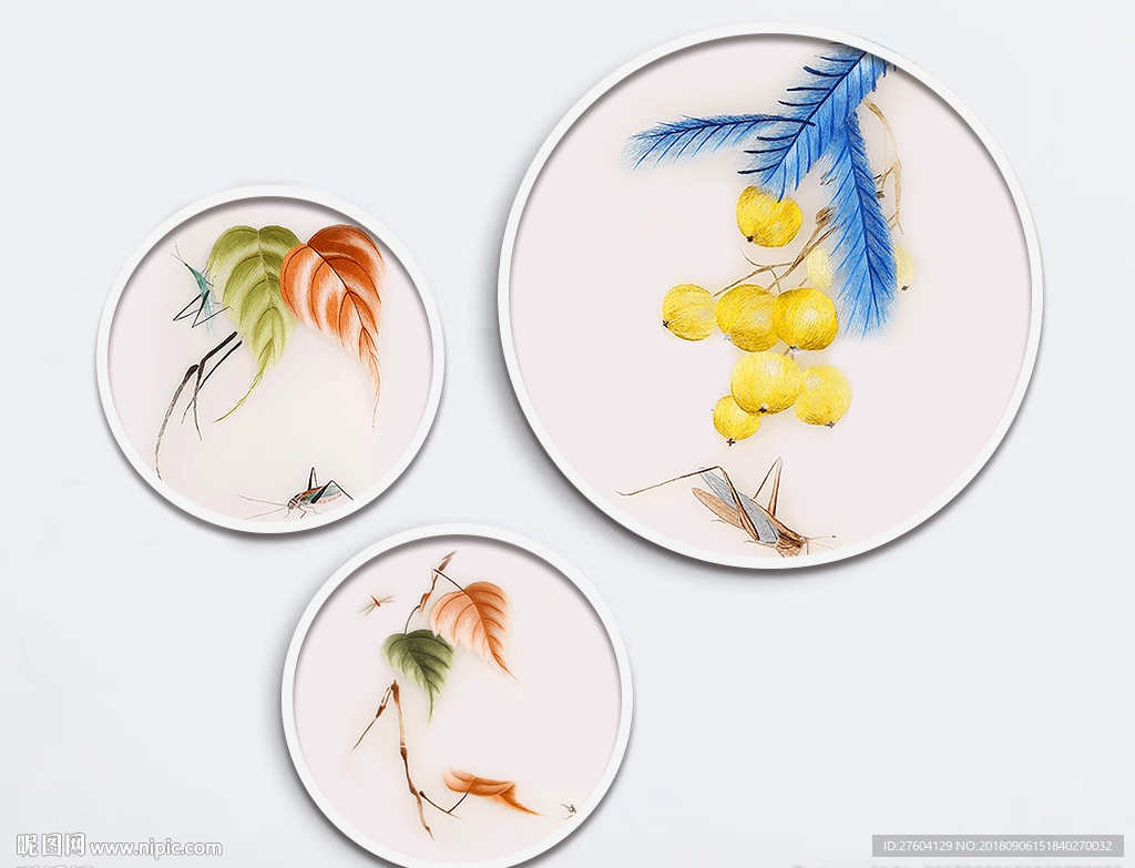 中式刺绣花鸟圆形装饰画