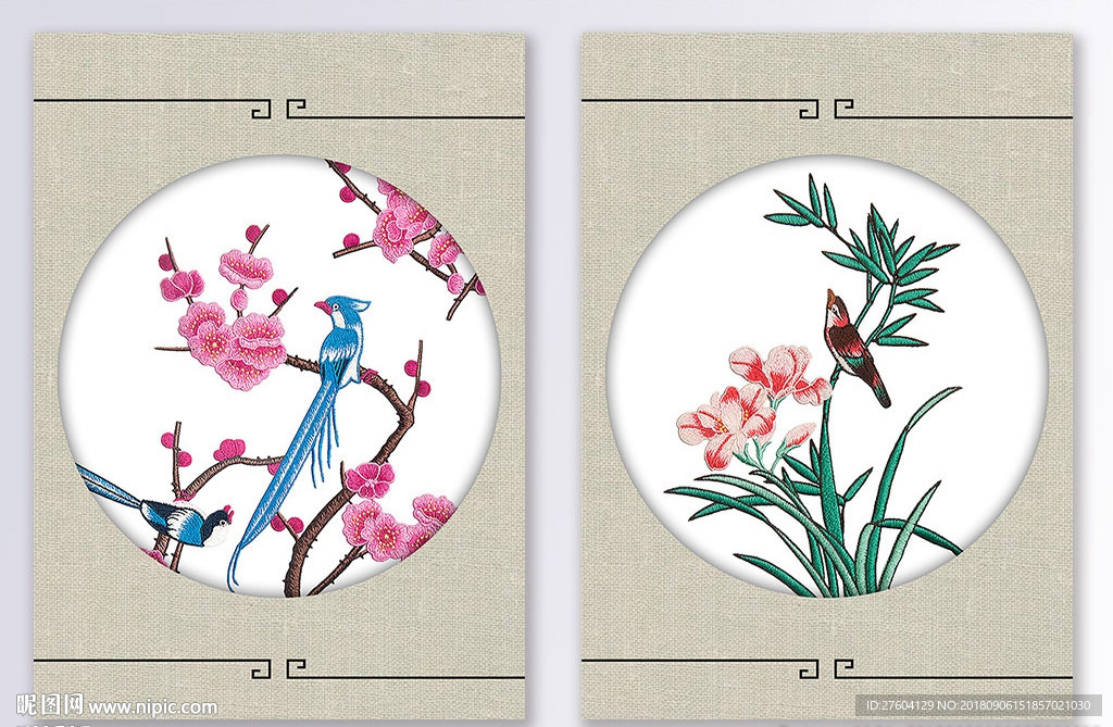 中式刺绣风花鸟二联装饰画