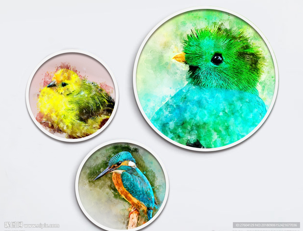 现代动物手绘水彩三联装饰画