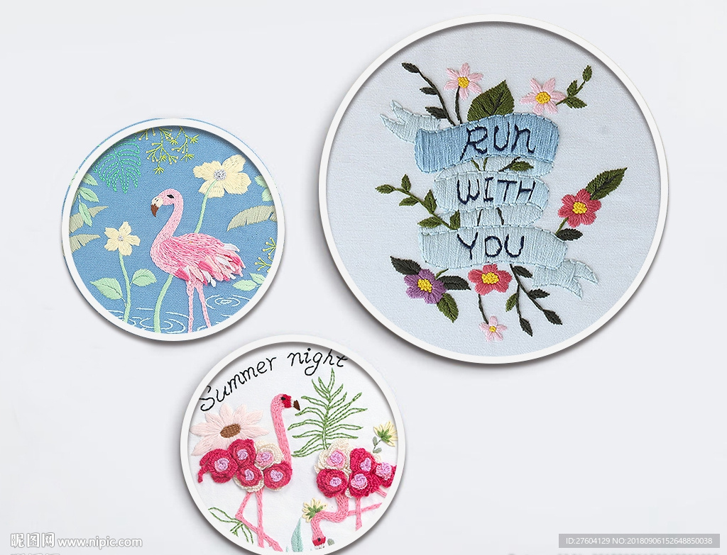 简约刺绣火烈鸟三联装饰画