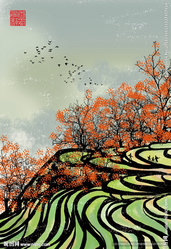 中国风水墨淡彩稻田风景装饰画