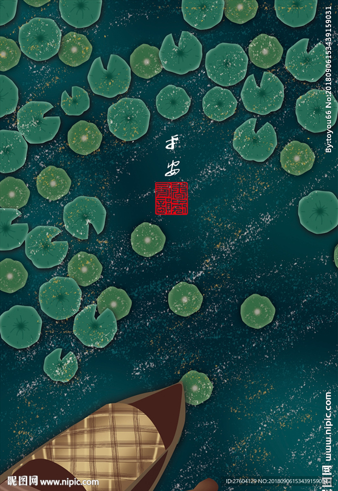 中国风民俗夜景池塘装饰画