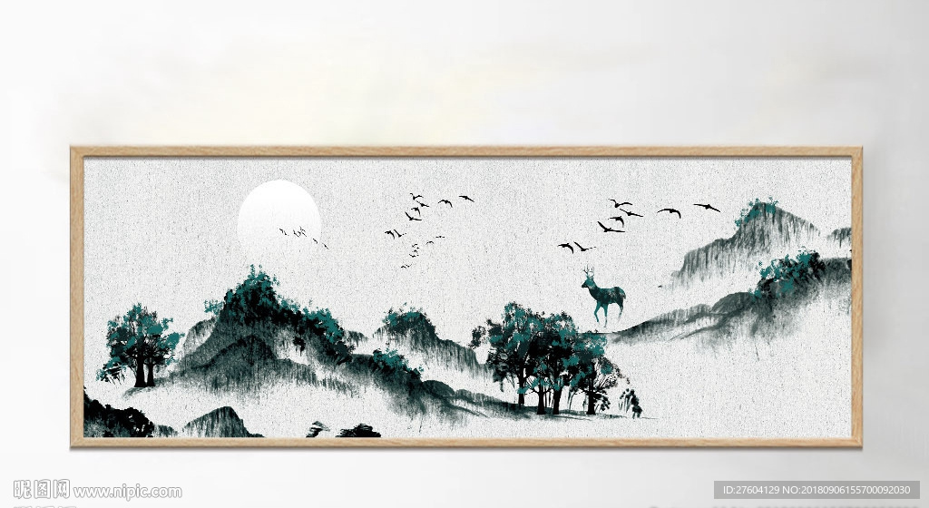 中国风水墨意境山水麋鹿装饰画