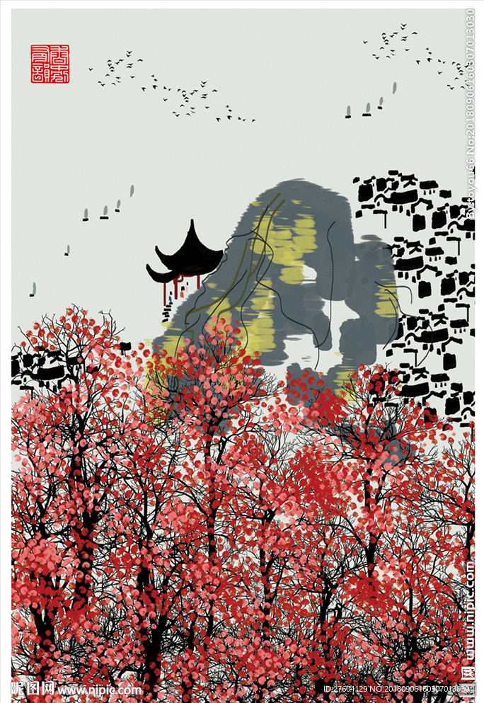 淡彩水墨民俗风景装饰画