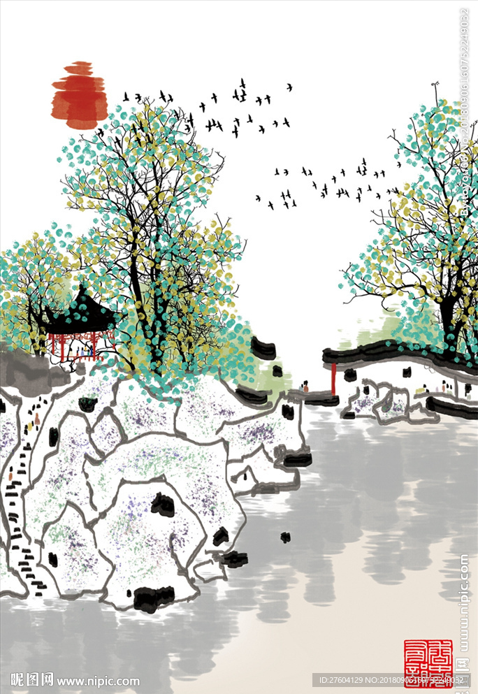 中国风淡彩水墨风景装饰画