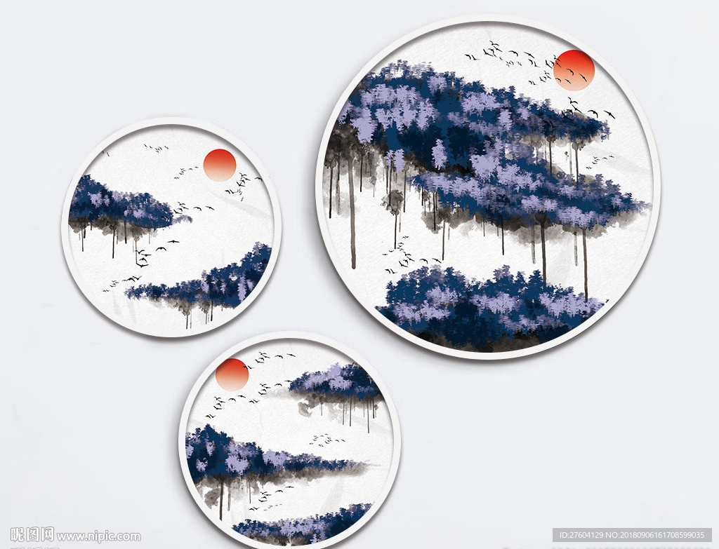 中式水墨手绘水彩山水装饰画
