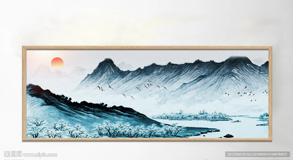 中式水墨山水风景飞鸟装饰画